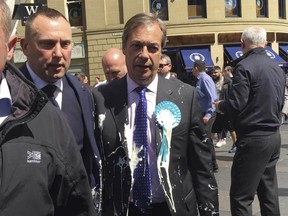 Brexit Party leader Nigel Farage after being hit with a milkshake during a campaign walkabout for the upcoming European elections in Newcastle, England, Monday May 20, 2019.