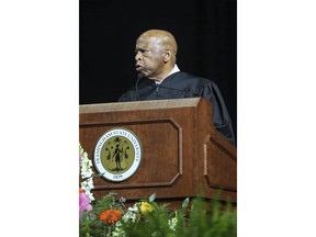 Civil rights icon and U.S. Rep. John Lewis delivers the commencement address during the Framingham State University's undergraduate commencement ceremony at the DCU Center in Worcester, Mass., on Sunday, May 26, 2019.