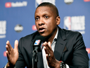 Toronto Raptors president Masai Ujiri speaks to reporters in the lead up to the NBA Final Game 1 against the Golden State Warriors, in Toronto on May 29, 2019.