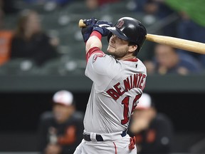 Boston Red Sox's Andrew Benintendi follows through on a double against the Baltimore Orioles during the first inning of a baseball game Wednesday, May 8, 2019, in Baltimore.
