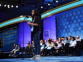 Shruthika Padhy, 13, of Cherry Hill, N.J., competes in the third round of the Scripps National Spelling Bee, Wednesday, May 29, 2019, in Oxon Hill, Md.