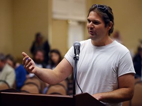 J.R. Brennan, of Limington, Maine, testifies at a hearing held by Maine Office of Marijuana Policy, Thursday, May 23, 2109, in Portland, Maine. Brennan hopes to get into the cannabis industry. State officials are working to pass a legal framework before marijuana could be sold in stores.