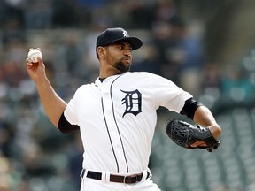 Detroit Tigers starting pitcher Tyson Ross throws during the first inning of a baseball game against the Kansas City Royals, Saturday, May 4, 2019, in Detroit.