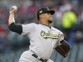 Oakland Athletics starting pitcher Frankie Montas throws during the first inning of a baseball game against the Detroit Tigers, Friday, May 17, 2019, in Detroit.