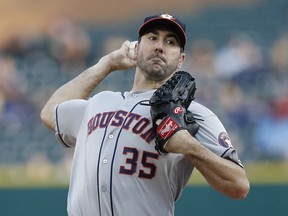 Houston Astros starting pitcher Justin Verlander throws during the first inning of a baseball game against the Detroit Tigers, Wednesday, May 15, 2019, in Detroit.