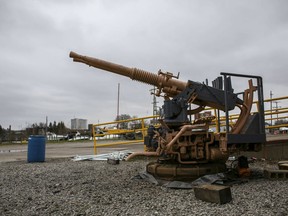 In this Tuesday, April 30, 2019 photo, the LST 393 Veteran Museum's new anti-aircraft gun, which is in the process of restoration, sits in Muskegon, Mich. The gun, which was used in World War II, will be added to the LST 393 ship when it is fully restored.