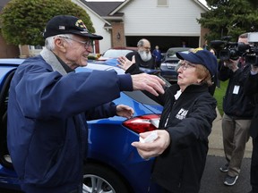 Doug Harvey, 95, and holocaust survivor Sophie Tajch Klisman, 89, right, hug in Commerce Township, Mich., Monday, May 13, 2019. Harvey, who was a US Army soldier in the 84th Infantry Division during WWII, which helped liberate the Salzwedel concentration camp in Germany and free its captives including Klisman.