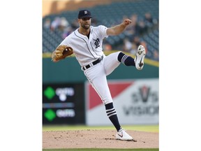 Detroit Tigers pitcher Daniel Norris watches a pitch to a Miami Marlins batter during the first inning of a baseball game in Detroit, Wednesday, May 22, 2019.