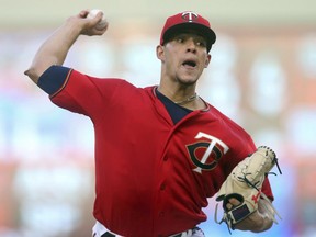 Minnesota Twins pitcher Jose Berrios throws against the Chicago White Sox during the first inning of a baseball game Friday, May 24, 2019, in Minneapolis.