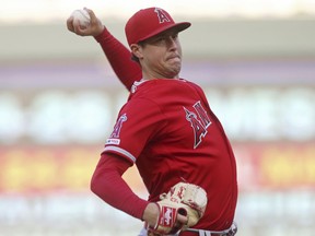Los Angeles Angels pitcher Tyler Skaggs throws against the Minnesota Twins in the first inning of a baseball game Monday, May 13, 2019, in Minneapolis.