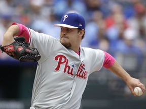 Philadelphia Phillies starting pitcher Cole Irvin throws during the first inning of a baseball game against the Kansas City Royals, Sunday, May 12, 2019, in Kansas City, Mo.
