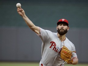 Philadelphia Phillies starting pitcher Jake Arrieta throws during the first inning of the team's baseball game against the Kansas City Royals on Friday, May 10, 2019, in Kansas City, Mo.