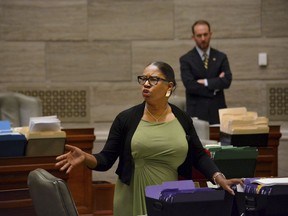 During debate in the Missouri Senate in Jefferson City Wednesday, May 15, 2019, Freshman senator, Karla May, D-St. Louis, makes a point regarding Missouri's proposed new abortion law. Opponents of the bill have begun efforts to block it in that legislative body. The bill would prohibit an abortion after the unborn baby's heartbeat is detected.