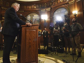 Gov. Mike Parson addresses the media during a press conference in his Jefferson City, MO, Capitol office Wednesday, May 29, 2019, regarding the state of operations of a Planned Parenthood facility in St. Louis. The clinic has two days to remedy the issues found or face non-renewal of their operating license.