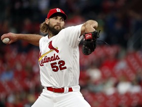 St. Louis Cardinals starting pitcher Michael Wacha throws during the first inning of the team's baseball game against the Pittsburgh Pirates on Thursday, May 9, 2019, in St. Louis.