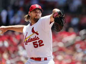 St. Louis Cardinals starting pitcher Michael Wacha throws during the first inning in the first game of a baseball doubleheader against the Kansas City Royals Wednesday, May 22, 2019, in St. Louis.