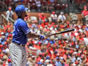 Kansas City Royals' Jorge Soler watches his three-run home run during the third inning in the first game of a baseball doubleheader against the St. Louis Cardinals Wednesday, May 22, 2019, in St. Louis.