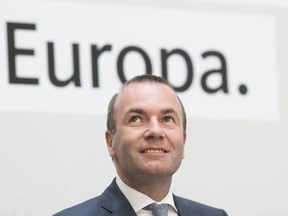 European People's Party top candidate Manfred Weber speaks to media after first projections of the European Parliament elections announced at the Christian Democratic Union, CDU, headquarters in Berlin, Sunday, May 26, 2019.