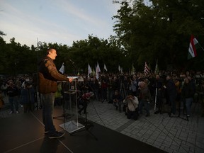 Laszlo Toroczkai, President of the Hungarian far-right party Mi Hazank Mozgalom (Our Homeland Movement) speaks during a demonstration in Torokszentmiklos, Hungary, Tuesday, May 21, 2019. A small far-right party held a rally in the rural Hungarian city, exploiting renewed tensions with some of the local Roma population. About 400 people attended the rally by Our Homeland Movement but a plan to march through the city's Roma areas hasn't been allowed by police.
