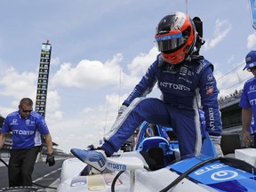 Felix Rosenqvist, of Sweden, steps out of his car during practice for the Indianapolis 500 IndyCar auto race at Indianapolis Motor Speedway, Tuesday, May 14, 2019 in Indianapolis.