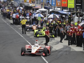 Josef Newgarden pulls out of the pits during practice for the Indianapolis 500 IndyCar auto race at Indianapolis Motor Speedway, Friday, May 17, 2019 in Indianapolis.