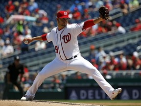 Washington Nationals starting pitcher Anibal Sanchez throws to the New York Mets in the second inning of a baseball game, Thursday, May 16, 2019, in Washington.