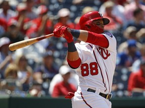 Washington Nationals' Gerardo Parra hits a two-run home run in the fifth inning of a baseball game against the New York Mets, Thursday, May 16, 2019, in Washington.