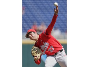 Ohio State pitcher Griffan Smith (37) delivers against Nebraska in the first inning of the NCAA college Big Ten baseball championship game in Omaha, Neb., Sunday, May 26, 2019.