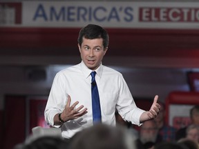 Democratic presidential candidate South Bend, Ind., Mayor Pete Buttigieg speaks speaks during a FOX News Channel Town Hall, Sunday, May 19, 2019, in Claremont, N.H.