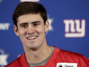 New York Giants first round draft pick Daniel Jones, 6th overall, talks to reporters during NFL football rookie camp, Friday, May 3, 2019, in East Rutherford, N.J.
