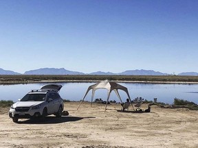 This Oct. 27, 2018 image provided by Joshua Hernandez shows his campsite along the shoreline of Lake Holloman on Holloman Air Force Base, N.M. The New Mexico attorney general's office on Thursday, May 9, 2019, requested that the U.S. Air Force close the lake to the public after sampling turned up high levels of hazardous chemicals known as per- and polyfluorinated compounds, or PFAS.