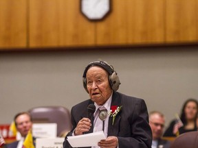 FILE - New Mexico Sen. John Pinto addresses the Senate chambers on the first day of the state Legislature at the New Mexico Capitol in Santa Fe, N.M., Tuesday, Jan. 16, 2018. Pinto, one of the nation's longest serving Native American elected officials, has died at age 94.