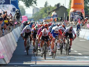 Australia's Caleb Ewan sprints ahead on his way to win the 11th stage of the Giro d'Italia cycling race, from Carpi to Novi Ligure, Wednesday, May 22, 2019.