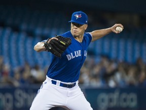 Toronto Blue Jays starting pitcher Clayton Richard (2) works against the Boston Red Sox during first inning American League MLB baseball action in Toronto on Thursday, May 23, 2019.