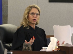 Judge Melanie Andress-Tobiasson presides during the conclusion of a preliminary hearing for former NFL player Cierre Wood at the Regional Justice Center on Wednesday, May 22, 2019, in Las Vegas. Wood, who along with his girlfriend, is charged with first-degree murder in the death of her 5-year-old daughter, La'Rayah Patra Nicole Lamont Davis.