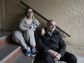 Eleni Liff, who was abandoned as a newborn by her mother in the foyer of this building and was reunited 22 years later with her biological father, Keith Cruz, right, in New York, May 9, 2019.