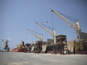 FILE - This Sept. 29, 2018 file photo shows idle cargo and oil tanker ships at the port of Hodeida, Yemen. On Saturday, May 11, 2019, Houthi rebels began a long-delayed withdrawal of their forces from the key port city, the group said, following the terms of a cease-fire. The U.N.-brokered agreement is aimed at alleviating the world's worst humanitarian crisis.
