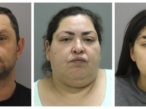 This combination of booking photos provided by the Chicago Police Department on Thursday, May 16, 2019 shows from left, Pioter Bobak, 40; Clarisa Figueroa, 46; and Desiree Figueroa, 24. Charges against them come three weeks after 19-year-old Marlen Ochoa-Lopez disappeared and a day after her body was discovered in a garbage can in the backyard of Clarissa Figueroa's home in Chicago's Southwest Side. Police said the teenager was strangled and her baby cut from her body. (Chicago Police Department via AP)