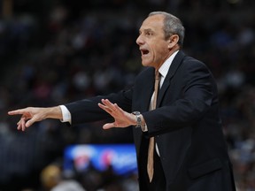 FILE - In this April 3, 2019, file photo, San Antonio Spurs assistant coach Ettore Messina gestures in the first half of an NBA basketball game against the Denver Nuggets, in Denver. A person familiar with Cleveland's coaching search tells The Associated Press the Cavaliers have scheduled an interview with San Antonio assistant Ettore Messina. The Cavs plan to meet with Messina later this week, said the person whospoke Monday, May 6, 2019, on condition of anonymity because the team is keeping details of their search confidential.