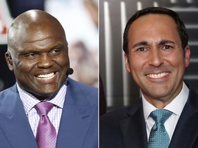 FILE - At left, in an April 24, 2019, file photo, Booger McFarland is seen on the set of ESPN SportsCenter, in Nashville, Tenn. At right, in an Aug. 16, 2018, file photo, Joe Tessitore poses for a photograph before an ESPN telecast of a preseason NFL football game, in Landover, Md. ESPN's "Monday Night Football" will go with a two-person booth this upcoming season, with Booger McFarland joining Joe Tessitore. ESPN had a three-man commentary team last year. (AP Photo/File)