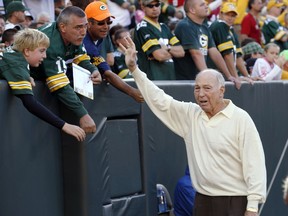 FILE - In this Sept. 10, 2012, file photo, former Green Bay Packers quarterback Bart Starr waves to fans during the Packers' NFL football game against the San Francisco 49ers in Green Bay, Wis. Bart Starr, the Green Bay Packers quarterback and catalyst of Vince Lombardi's powerhouse teams of the 1960s, has died. He was 85. The Packers announced Sunday, May 26, 2019, that Starr had died, citing his family. He had been in failing health since suffering a serious stroke in 2014.