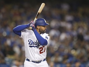 FILE - In this May 29, 2018, file photo, Los Angeles Dodgers' Matt Kemp stands in the batter's box during the fourth inning of the team's baseball game against the Philadelphia Phillies, Tuesday, May 29, 2018, in Los Angeles. A person familiar with the deal says veteran outfielder Kemp and the New York Mets have agreed to a minor league contract. The person spoke on condition of anonymity because the deal was pending a physical and had not been announced.