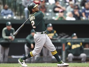 FILE - In this April 11, 2019, file photo, Oakland Athletics' Khris Davis watches his two-run home run against the Baltimore Orioles during the fourth inning of a baseball game in Baltimore. The Athletics are hoping to get injured slugger Davis back in the lineup for the middle game of a series against the first-place Houston Astros. Davis took batting practice before the series opener and could be activated from the injured list as early as Saturday, June 1.