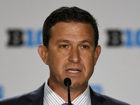 FILE - In this July 24, 2018, file photo, Mark Silverman, president of Fox Sports national networks, speaks at the Big Ten NCAA college football Media Days in Chicago. Fox Sports 1 has been maligned since its launch in 2013 for continuing to change identities and philosophies. The network has found it stride during the past year, however, with executives showing patience in trying to let things develop.  "We've grown past 'embrace debate.' I think we're a more mature network now," said Silverman. "I think we have some shows with a little more element of debate and others that are smart, entertaining and interesting to sports fans."