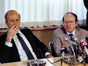 FILE - In a June 11, 2019 file photo, Claus von Bulow with attorney Thomas Puccio at press conference in law offices of Strook and Strook and Lavan in New York. Claus von Bulow, who was convicted but later acquitted of trying to kill his wealthy wife in two trials that drew intense international attention in the 1980s, died Saturday, May 25, 2019  in London, said his son Riccardo Pavoncelli. He was 92.