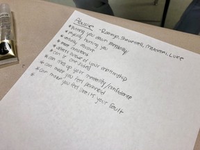 A list of the characteristics of an abusive relationship is made by students in small groups during a lesson by teachers from the nonprofit Raphael House, at Central Catholic High School in Portland, Ore., on April 15, 2019. "#MeToo has brought the issue of consent into the national spotlight, but it's abundantly clear that people still struggle with the culture shift that's happening," said Jennifer Driver, state policy director of the Sexuality Information and Education Council of the United States, which favors liberal sex ed policies.