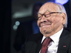 FILE - In this Thursday, Oct. 27, 2016, file photo, Chinese-American architect I.M. Pei smiles as he accepts the Lifetime Achievement Award during the 2016 Asia Game Changer Awards ceremony in New York. Pei, the globe-trotting architect who revived the Louvre museum in Paris with a giant glass pyramid and captured the spirit of rebellion at the multi-shaped Rock and Roll Hall of Fame, has died at age 102, a spokesman confirmed Thursday, May 16, 2019.