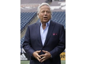 FILE - In this May 9, 2019, file photo, New England Patriots owner Robert Kraft stands in Gillette Stadium in Foxborough, Mass. A Florida judge has blocked prosecutors from using video that allegedly shows Kraft engaging in paid sex at a massage parlor. Judge Leonard Hanser ruled Monday, May, 13, 2019, that Jupiter police did not follow proper procedures after installing the hidden cameras that secretly recorded Kraft visiting the Orchids of Asia Day Spa twice in January.