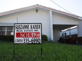 FILE - In this April 12, 2019, file photo, a sold sign is shown in front of a home in Surfside, Fla. On Tuesday, May 28, the Standard & Poor's/Case-Shiller 20-city home price index for March is released.
