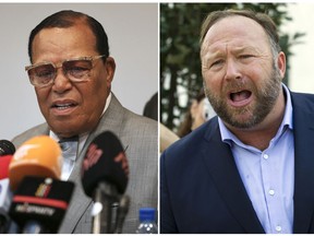 This combination of file photo shows minister Louis Farrakhan, the leader of the Nation of Islam, in Tehran, Iran, on Nov. 8, 2018, left, and conspiracy theorist Alex Jones in Washington on Sept. 5, 2018, right. Facebook has banned Louis Farrakhan, Alex Jones and others from its platform and from Instagram saying they violated its ban against hate and violence. The company said Thursday it has also banned extreme right-wing figures Paul Nehlen, Milo Yiannopoulos, Paul Joseph Watson, Laura Loomer and the conservative conspiracy site Infowars. Jones was already banned from Facebook but not from Instagram. (AP Photo)